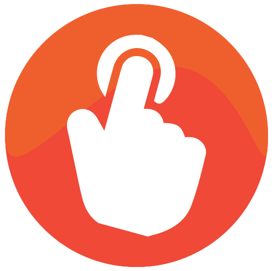 Orange circle with hand pointing in the middle